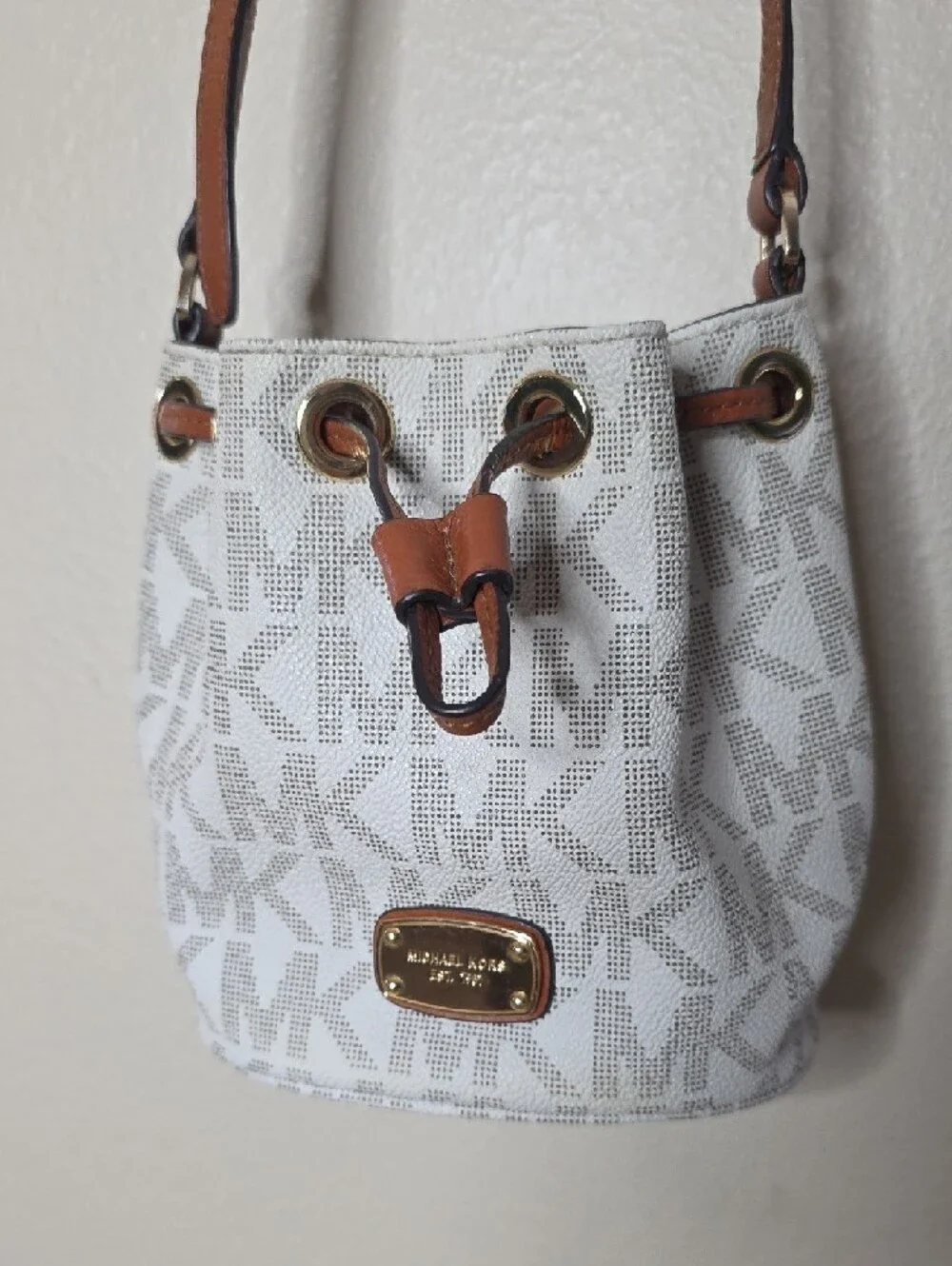 Michael Kors Vanilla Small MK Logo Canvas Fulton Drawstring Crossbody Bucket Bag